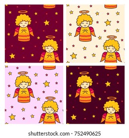 Collection of christmas seamless pattern with cute angels and stars on different background for wrapping paper, textile, wallapers, fabric. Vector illustration.