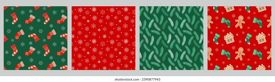 Colección de patrones de Navidad sin costura con hombres de pan de jengibre, casas, copos de nieve, dulces de Navidad y medias. Conjunto de fondos de vacaciones, vector