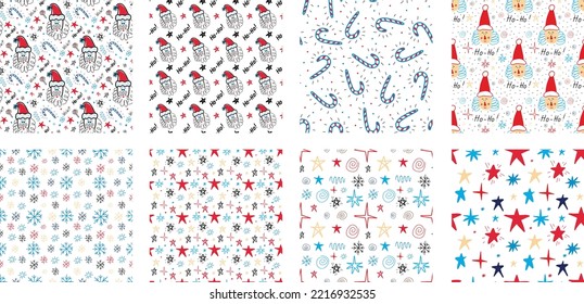 Collection of Christmas seamless patterns in the style of doodle. vector illustration 