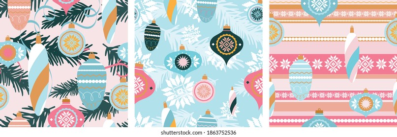 A collection of Christmas seamless patterns with Christmas tree toys. Wrapping paper with scandinavian ornaments Endless flat vector illustration.