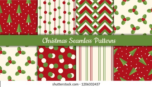 Collection of Christmas Seamless Patterns with trees, holly leaves and berries for greeting cards, wrapping papers etc. with snow.