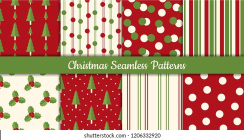 Collection of Christmas Seamless Patterns with trees, holly leaves and berries for greeting cards, wrapping papers etc. with snow.