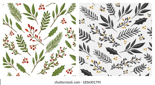 Collection of Christmas seamless patterns with winter plants and berries. Design for Holidays decoration, wrapping paper, print, fabric or textile. Vector illustration.