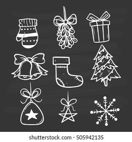 collection of christmas set using hand drawing style on chalkboard background