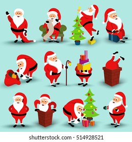 Collection of Christmas smiling Santa Claus character. Cartoon bearded Santa Claus, man in festive costume Santa Claus in different poses. Vector xmas Santa Claus illustration set eps10