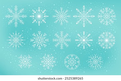 Collection of Christmas snowflake icons vector on blue background. White snowflakes. Vector Flat snow icons.