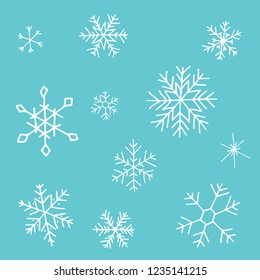 Collection of Christmas snowflakes, modern flat design. Can be used for printed materials.  Winter holiday background. Hand drawn design elements. Festive stickers card.