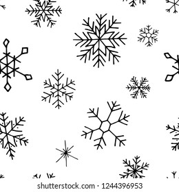 Collection of Christmas snowflakes, modern flat design. Seamless pattern. Endless texture. Can be used for printed materials.  Winter holiday background. Hand drawn design elements. Festive card.