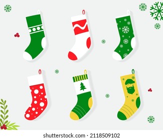 Collection of christmas socks. Pack of colorful socks. Set elegant socks vector illustration