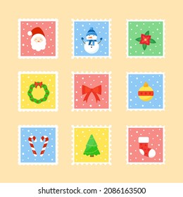Collection of Christmas stamps isolated on background.