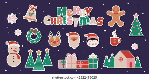 Collection of Christmas stickers. Colorful vector illustration in flat cartoon style. 
