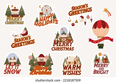 Collection of Christmas stickers with cute carnival elements and holidays quotes. Holidays label. Editable vector illustration.