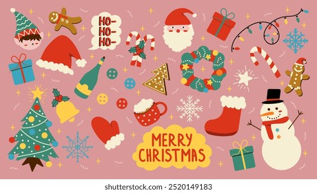  Collection of Christmas stickers with different seasonal elements. Vector set