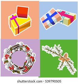 Collection of Christmas stickers. Gift boxes, Christmas wreath, fir branch with cones.
