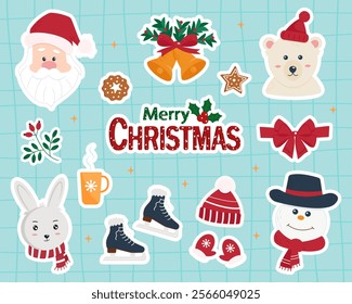 Collection of Christmas stickers of ornaments, holiday gifts, winter clothes and shoes, gingerbread, hot drinks, gifts and holiday characters. Vector illustration