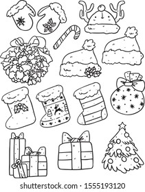 Collection of Christmas stuffs. Bundle of holiday gifts and decorations. Line work.