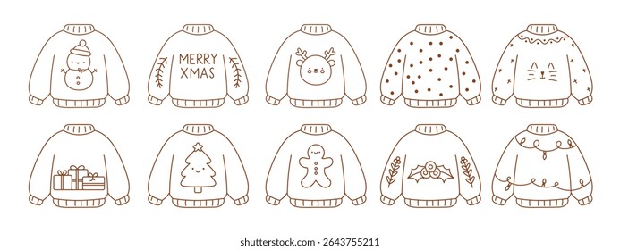 A collection of Christmas sweaters with various designs and decorations. Some of the sweaters have Christmas trees and gingerbread men on them