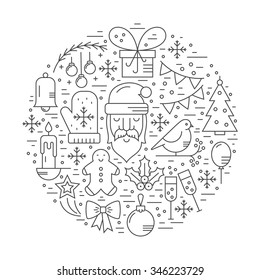 Collection of Christmas symbols arranged in a circle. Santa Claus, Christmas tree, Christmas decorations and other holiday and winter symbols.