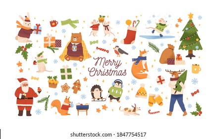 Collection of Christmas symbols and characters. Set of cute festive gifts, candies, decorations, clothes, animals. New year celebration. Winter seasonal holiday decor. Vector flat cartoon illustration