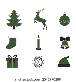 collection of christmas theme icons, vector illustrations of christmas elements,new year,christmas tree elements,gifts,snowflakes,snowballs in white green colors for greeting cards,decoration holiday
