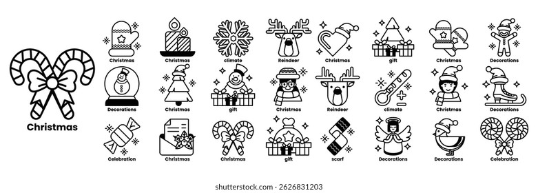 A collection of Christmas themed icons. The icons include a snowman, a reindeer, a Santa Claus, a Christmas tree, and a candy cane in line drawing style