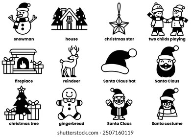 A collection of Christmas themed icons, including Santa Claus, reindeer, and snowmen