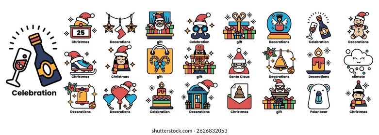 A collection of Christmas themed icons including a bottle of wine, a bottle of champagne