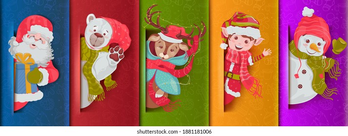 Collection christmas themed icons. Santa, snowman, deer, bear, elf. Merry Christmas and New Year. Vector illustration