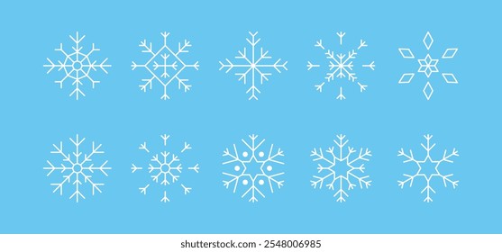 Coleção de projetos de vetor de flocos de neve temáticos de Natal. Inclui vários ícones de floco de neve branco, perfeito para modelos de inverno e férias.
