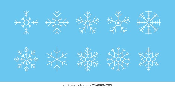 Colección de diseños de Vectores de copo de nieve temáticos de Navidades. Incluye varios íconos de copo de nieve blancos, perfectos para Plantillas de invierno y vacaciones.