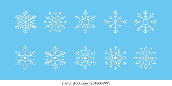 Colección de diseños de Vectores de copo de nieve temáticos de Navidades. Incluye varios íconos de copo de nieve blancos, perfectos para Plantillas de invierno y vacaciones.