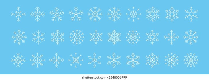Coleção de projetos de vetor de flocos de neve temáticos de Natal. Inclui vários ícones de floco de neve branco, perfeito para modelos de inverno e férias.