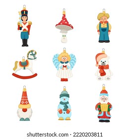 Collection of Christmas toys and decorations. Set of holiday decorations. Soldier, snowman, Santa, gnome, bear, angel, horse, mushroom. Vector isolated illustration on white background.