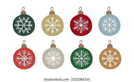 Collection of Christmas tree balls with snowflakes. Set of winter baubles in the flat style. 