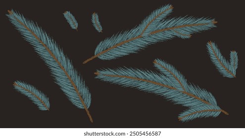 Collection Christmas Tree Branch. New year green chalk pencil texture branches set. Pine, fir tree Xmas spruce decoration crayon hand drawn graphic elements. Cartoon doodle vector illustration.
