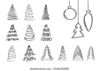 Colección de Elementos de diseño de árboles de Navidad y decoraciones de árboles de Navidad en estilo dibujado a mano. Elementos de diseño de árbol de Navidad estilo Doodle en la colección