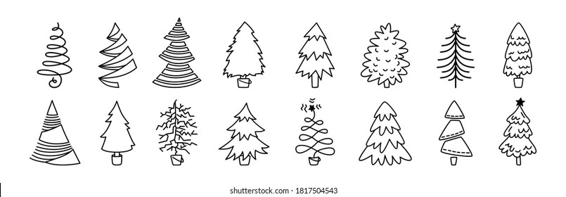 Collection Christmas tree outline. Hand drawing monochrome linear xmas trees cartoon set. New Year traditional design ornaments, stars or garlands. Stylized symbol for holiday flat vector illustration