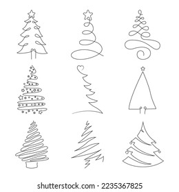 Collection of Christmas Tree Set on white background. One line drawing