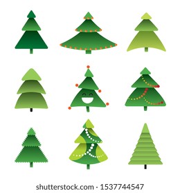 Collection of Christmas tree vector icons in modern cartoon style isolated. Happy Xmas spruce or new year pines holiday silhouettes and shapes illustration