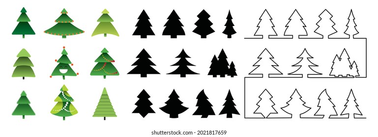 Collection of Christmas tree vector icons. Xmas spruce, New Year pines, holiday Christmas trees silhouettes vector illustration