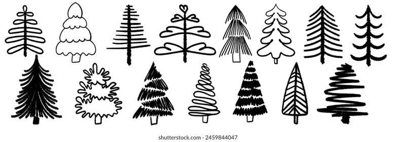 Collection of Christmas trees. Brush painted stylized trees for New Year and Christmas greeting cards, wrapping holiday design.