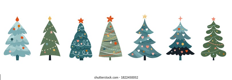 Коллекция рождественских украшений, праздничных подарков, зимней вязаной шерстяной одежды, имбирного хлеба, елок, подарков и пингвинов. Красочная векторная иллюстрация в стиле плоского мультфильма