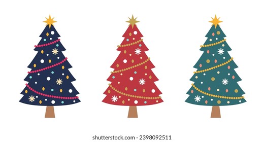 Collection of Christmas trees. Colorful vector illustrations. Beautiful Christmas trees with balls, stars, and garlands.