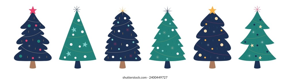 Collection of Christmas trees. Colorful vector illustration in flat cartoon style