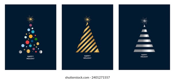 Collection of Christmas trees. Colorful vector illustration. Merry Christmas and Happy New Year Set of backgrounds, greeting cards, posters, holiday 