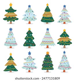 Collection of Christmas trees. Colorful vector illustration in flat cartoon style. Colorful winter trees collection for holiday Christmas and new year. Vector illustration.