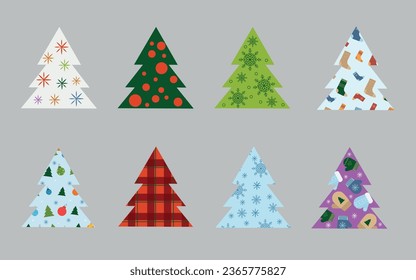 Collection of Christmas trees. A collection of Christmas trees of different colors, with ornaments inside. Colorful vector illustration in flat cartoon style.