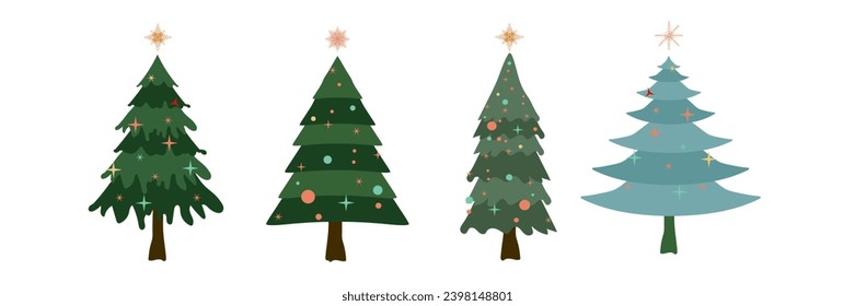 Collection of Christmas trees in different styles. Green Christmas Trees vector illustration