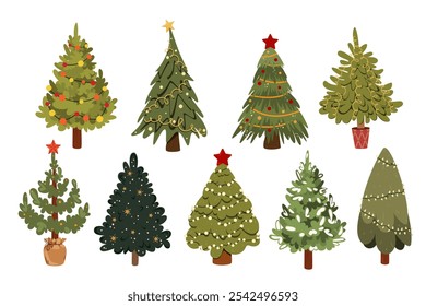 A collection of Christmas trees. Festive New Year trees, pines.Decorated with Christmas balls, garlands.Vector illustration isolated on a white background.