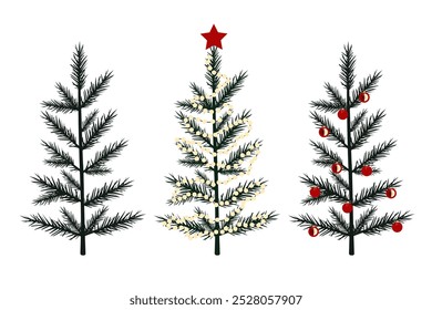 Colección de árboles de Navidad. Árbol festivo, pino, decorado con guirnaldas de Año Nuevo, bolas. Ilustración vectorial.